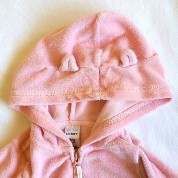 carter's pink terry zip-up hoodie jacket with bear ears 9 months baby girl - Picture 5 of 7